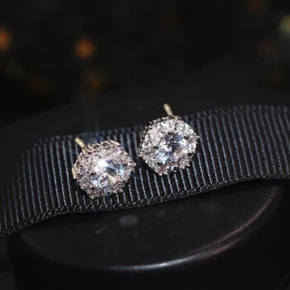 NEW Silver Diamond Hexagon Halo Stud Earrings - Picture 6 of 6